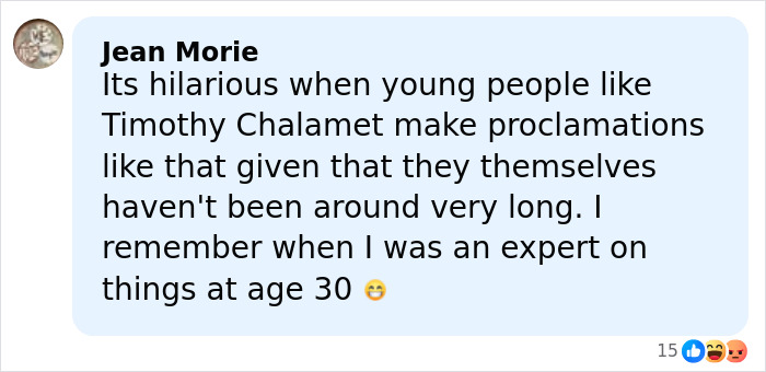 Comment by Jean Morie criticizing Timoth&eacute;e Chalamet's ballet and opera remarks, highlighting acting legend insult debate.