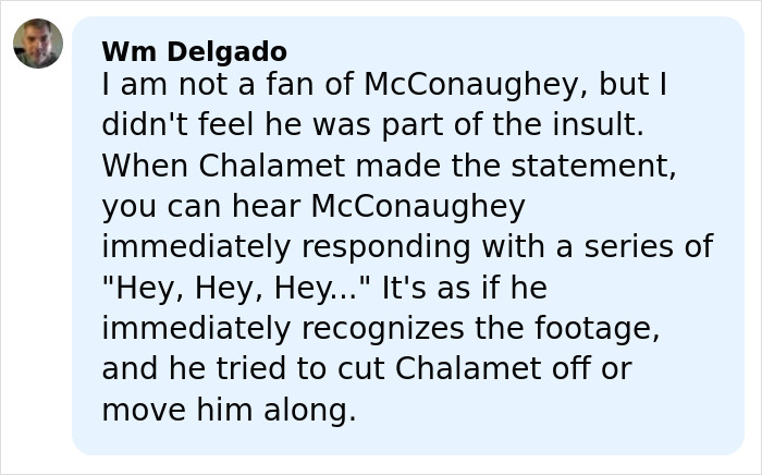 Commenter Wm Delgado discussing Timoth&eacute;e Chalamet and actor&rsquo;s criticism over ballet and opera remarks.