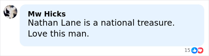 Comment by Mw Hicks praising Nathan Lane as a national treasure, expressing admiration for the acting legend.