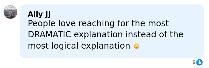 Comment from Ally JJ discussing dramatic versus logical explanations in an online conversation about Jim Carrey’s face controversy. Comment from Ally JJ discussing dramatic versus logical explanations in an online conversation about Jim Carrey’s face controversy.