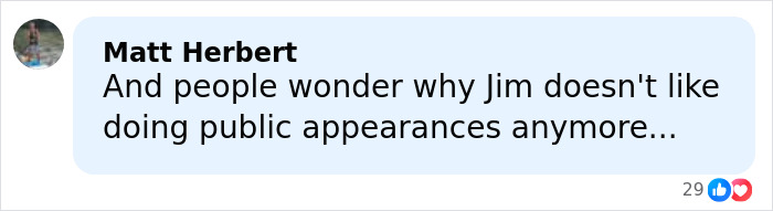 Screenshot of a social media comment discussing Jim Carrey’s public appearances after face controversy. Screenshot of a social media comment discussing Jim Carrey’s public appearances after face controversy.