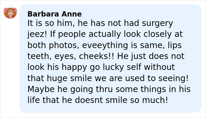 Screenshot of a comment discussing Jim Carrey’s face and speculating on surgery in a light blue message box. Screenshot of a comment discussing Jim Carrey’s face and speculating on surgery in a light blue message box.