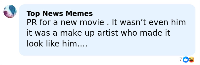 Comment from Top News Memes about movie PR, mentioning makeup artist who made someone look like Jim Carrey after controversy. Comment from Top News Memes about movie PR, mentioning makeup artist who made someone look like Jim Carrey after controversy.