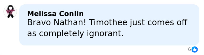 Comment by Melissa Conlin criticizing Timoth&eacute;e Chalamet as ignorant, linked to ballet and opera remarks controversy.