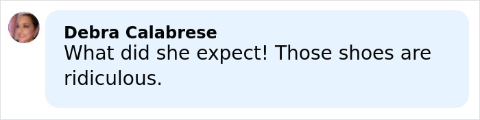 Comment by Debra Calabrese criticizing shoes, relating to Kim Kardashian&rsquo;s dramatic fall during Oscars night viral moments.