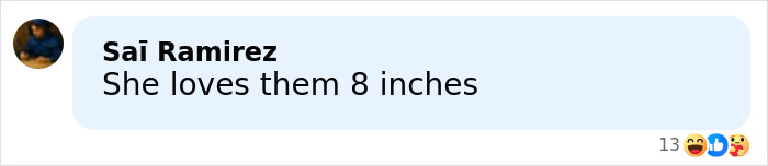 Comment on social media mentioning 8 inches, reacting with laughter and surprise emojis.