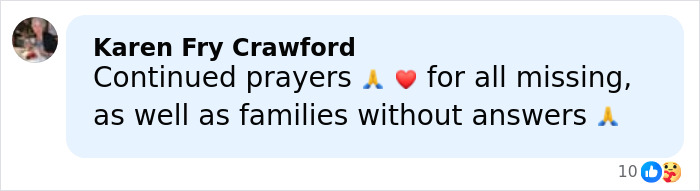 Comment from Karen Fry Crawford offering continued prayers for missing persons and families seeking answers in the Nancy Guthrie case.