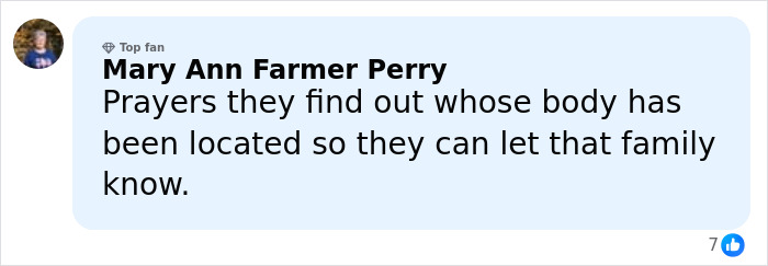 Facebook comment by Mary Ann Farmer Perry expressing hope for identification of body found near Phoenix canal in Nancy Guthrie case.