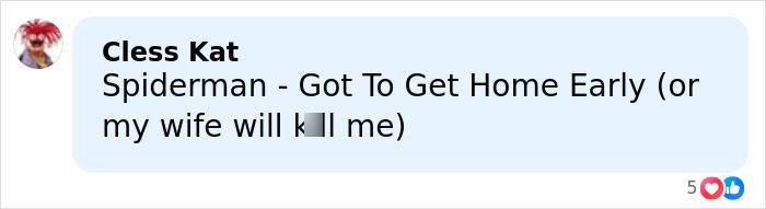 Comment by user Class Kat mentioning Spiderman and needing to get home early to avoid conflict with wife, displayed on a light blue background.
