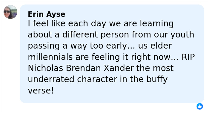 Fan comment expressing grief for Buffy the Vampire Slayer star Nicholas Brendon, remembering his underrated character tribute.