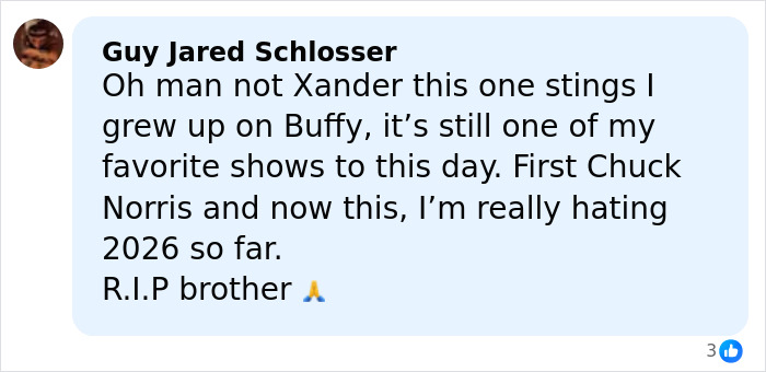 Fan comment mourning Buffy the Vampire Slayer star Nicholas Brendon, expressing sadness over final video and tribute.