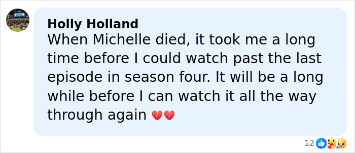 Comment by Holly Holland reflecting on difficulty watching last episode of Buffy the Vampire Slayer after character's death.
