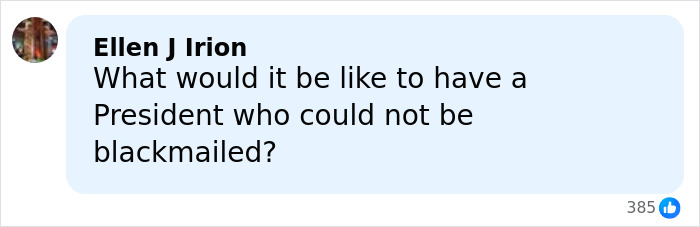 Screenshot of a social media comment asking about a President who could not be blackmailed, related to Epstein files.