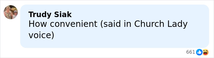 Comment from Trudy Siak saying how convenient in a sarcastic Church Lady voice reacting to Epstein files reveal.