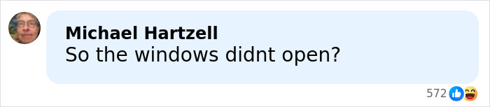 Comment by Michael Hartzell questioning if the windows opened, displayed on a light blue social media message bubble.