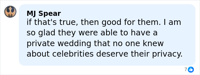 Comment praising Zendaya and Tom Holland for having a private wedding and valuing celebrity privacy in romantic life.
