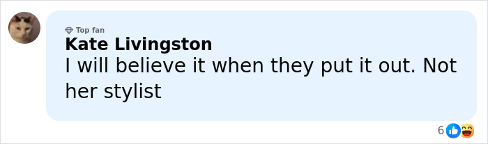 Comment from user Kate Livingston expressing doubt about information on Zendaya's stylist about her romantic life with Tom Holland.