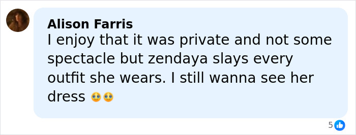 Comment praising Zendaya&rsquo;s private romantic life and style, mentioning her outfit and dress curiosity.