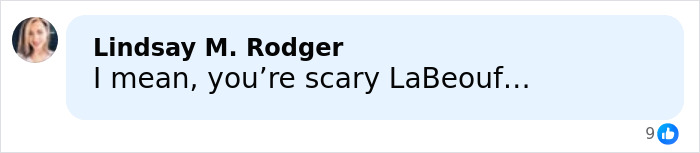 Comment by Lindsay M. Rodger reading I mean, you&rsquo;re scary LaBeouf on a social media platform.