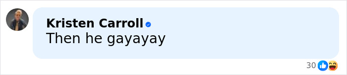 Kristen Carroll sending a playful message in a social media comment with a blue verified badge and reactions visible.