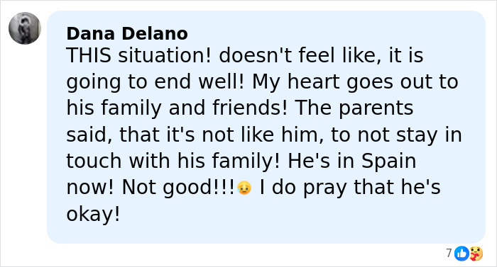 Comment expressing concern for missing American student in Spain, recalling last moments and family worries about vanishing case.