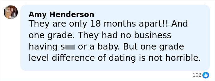 Screenshot of a Facebook comment discussing age gap controversy and implications in a case involving a pregnant 15-year-old.