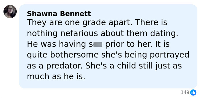 Screenshot of a social media comment discussing the controversial case of a 15-year-old pregnant by a 12-year-old.