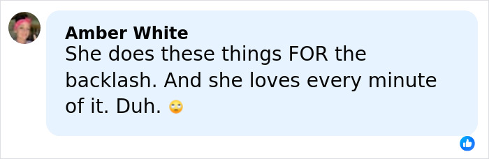 Comment by Amber White expressing opinion on backlash, with a subtle eye-roll emoji in a light blue speech bubble.