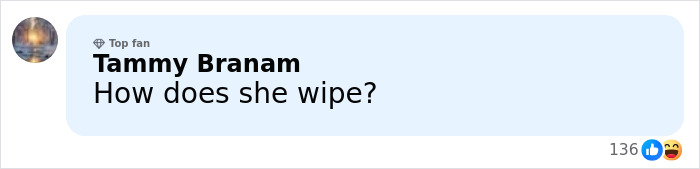Comment saying How does she wipe, posted by Tammy Branam with top fan badge on social media, sparking discussions on spiked manicure.