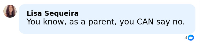 Social media comment from Lisa Sequeira discussing parenting boundaries with text about saying no.