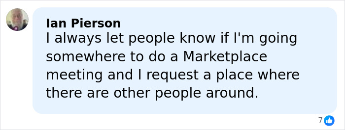 Commenter Ian Pierson discussing safety tips for Facebook Marketplace meetings, emphasizing public places with others nearby.