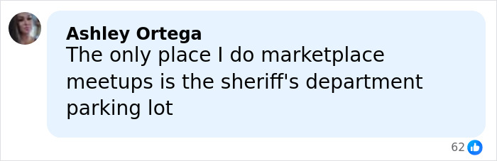 Comment from Ashley Ortega about preferring sheriff's department parking lot for marketplace meetups after bodies found on gravel road incident.