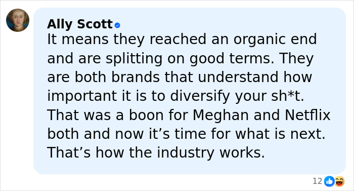 Screenshot of Ally Scott&rsquo;s tweet explaining Netflix cuts ties with Meghan Markle affecting the As Ever brand.