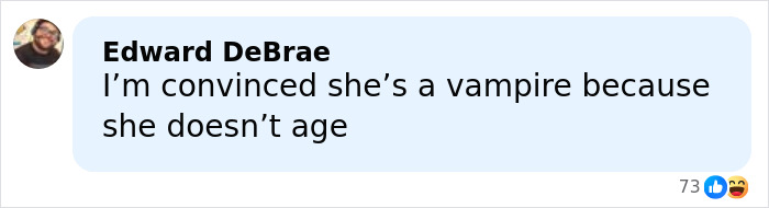 User comment on Emily Blunt&rsquo;s photo mentioning a vampire joke about her ageless appearance.
