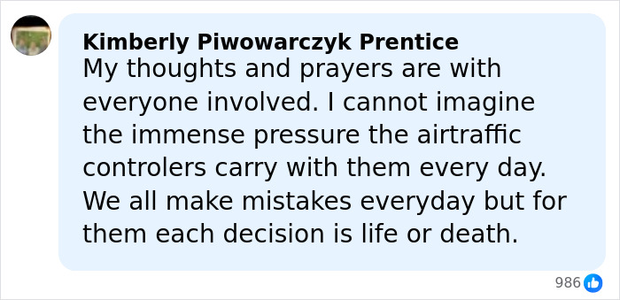 Social media comment expressing support and highlighting pressure on air traffic controllers after Air Canada LaGuardia crash. Social media comment expressing support and highlighting pressure on air traffic controllers after Air Canada LaGuardia crash.
