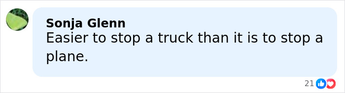 Comment by Sonja Glenn discussing the difficulty of stopping a plane compared to a truck in aviation experts debate. Comment by Sonja Glenn discussing the difficulty of stopping a plane compared to a truck in aviation experts debate.