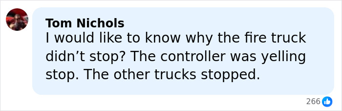 Comment by Tom Nichols questioning why the fire truck did not stop during the Air Canada LaGuardia crash response. Comment by Tom Nichols questioning why the fire truck did not stop during the Air Canada LaGuardia crash response.