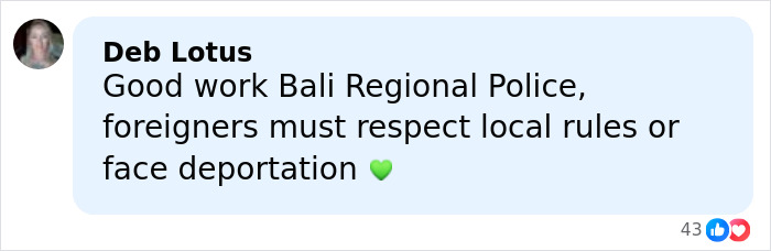 Comment praising Bali Regional Police for enforcing rules on foreigners during Bali shutdown, referencing consequences of public outing.