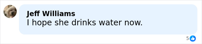 Screenshot of a social media comment by Jeff Williams saying he hopes Olympic hero Alysa Liu drinks water now.