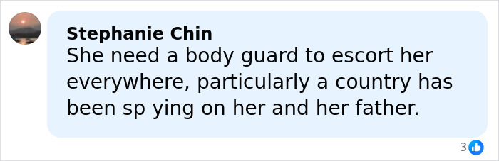 Comment by Stephanie Chin discussing need for bodyguard due to spying concerns related to Olympic hero Alysa Liu.