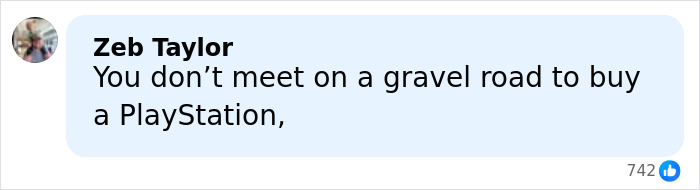 Comment screenshot showing a user named Zeb Taylor discussing buying a PlayStation on a gravel road related to father and daughter incident.
