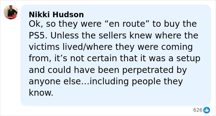 Comment discussing the m****r of a father and daughter found on a gravel road after attempting to buy a PS5 on Facebook Marketplace.