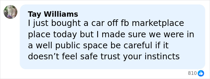 Facebook Marketplace message warning about safety when buying items, referencing buying a car in a public space.