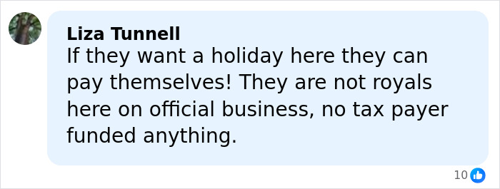 Comment by Liza Tunnell opposing Prince Harry and Meghan Markle's trip, emphasizing no taxpayer funding for their holiday.