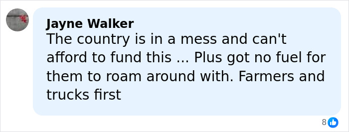 Comment by Jayne Walker expressing concerns over funding and fuel priority amid petition against Prince Harry and Meghan Markle trip.