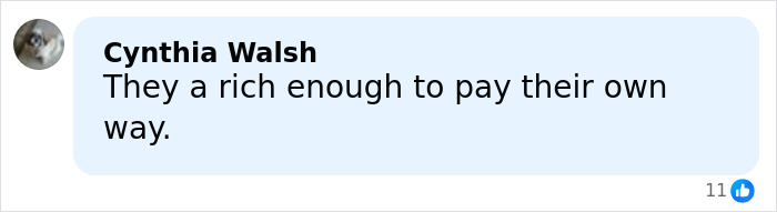 Comment by Cynthia Walsh saying they are rich enough to pay their own way on a petition against Prince Harry and Meghan Markle trip.