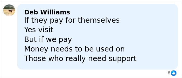Comment from Deb Williams expressing concern over financial support amid petition against Prince Harry and Meghan Markle trip.