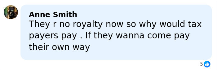 Comment by Anne Smith expressing opposition to Prince Harry and Meghan Markle's trip funding petition with over 38k signatures.
