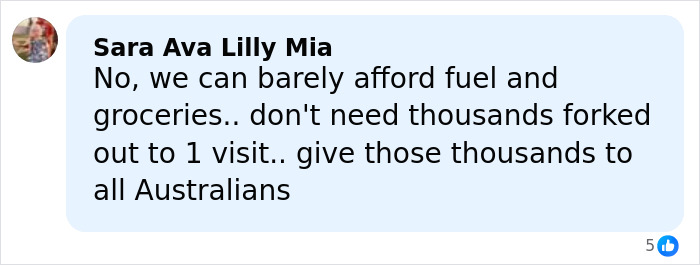 Comment expressing opposition to spending on Prince Harry and Meghan Markle's trip amid rising living costs.