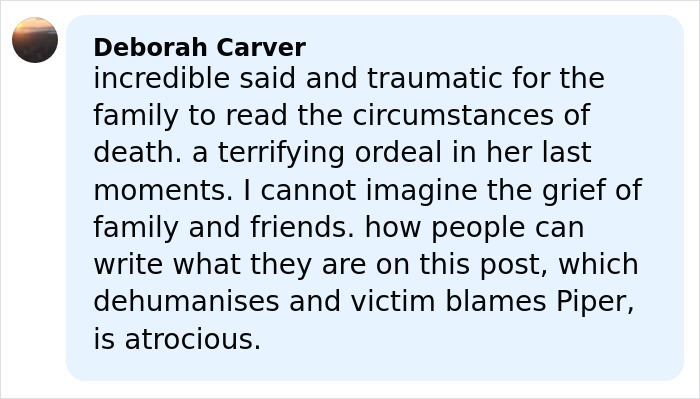 Facebook comment by Deborah Carver expressing grief and condemning victim blaming in a dingo-related backpacker death case.